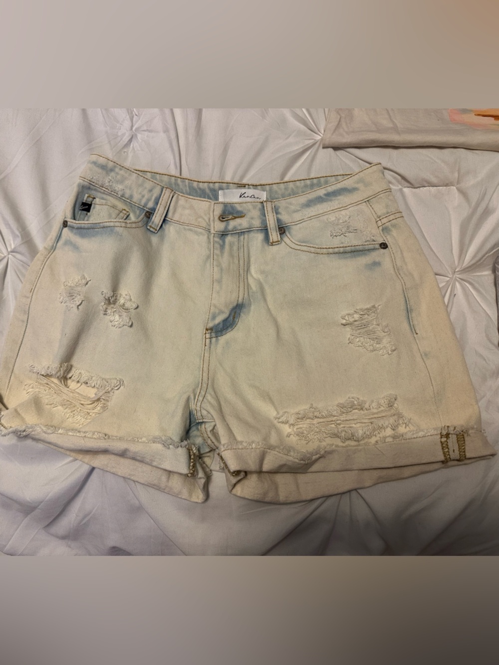 KanCan Light Cream Distressed Denim Shorts